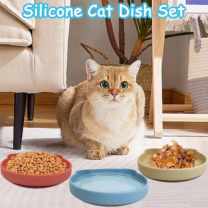 Silicone Cat Food Bowl Suction Cup Cat Dish 7" Shallow Cats Food & Water Bowls Set of 2 Non-Slip Kitty Plates Relief Whisker Fatigue Puppy Feeding Bowl for Dry & Wet Food (Blue)