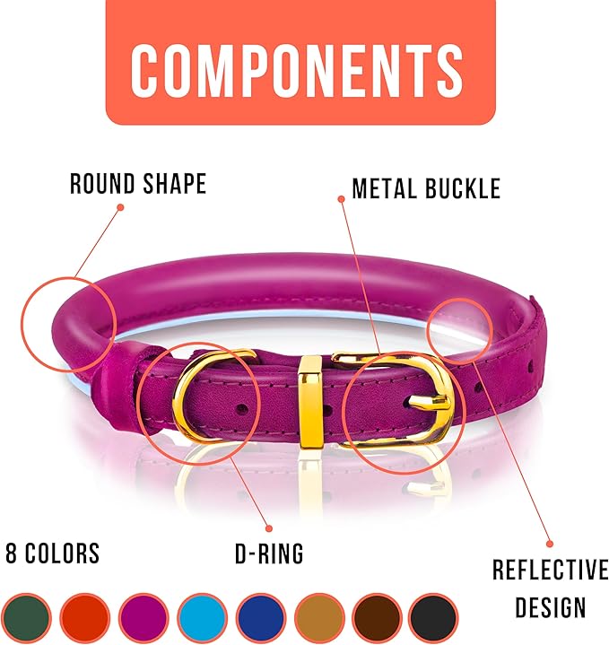 OOPSDOGGY Reflective Rolled Leather Dog Collar Adjustable Soft Padded Pet Collar for Small Medium Large Breed Dogs (Pink, S, 10"-13")
