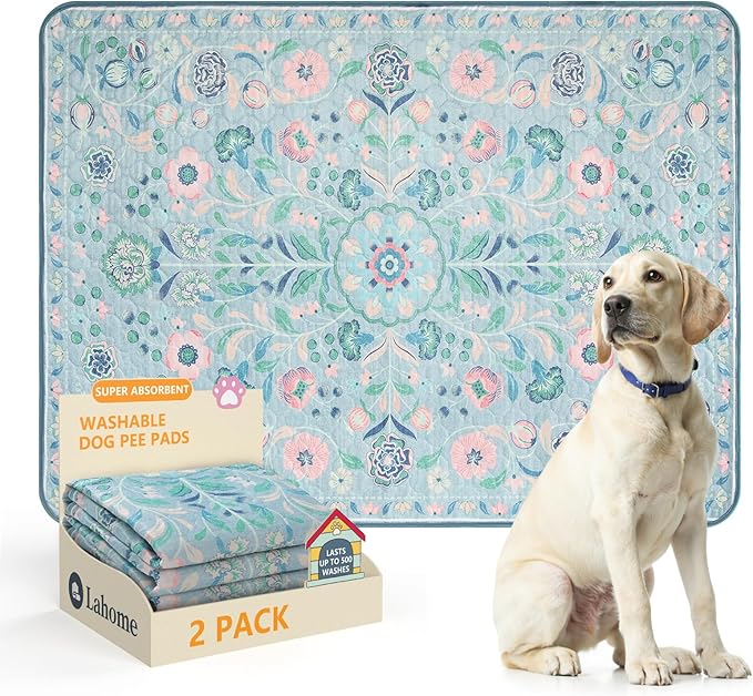 Lahome Washable Reusable Pee Pads for Dogs - Blue Botanical Floral 2 Pack Puppy Pads, Super Absorbent & Waterproof Dog Training Mats for Potty & Crate - Leakproof with Non-Slip Backing (36"x48")