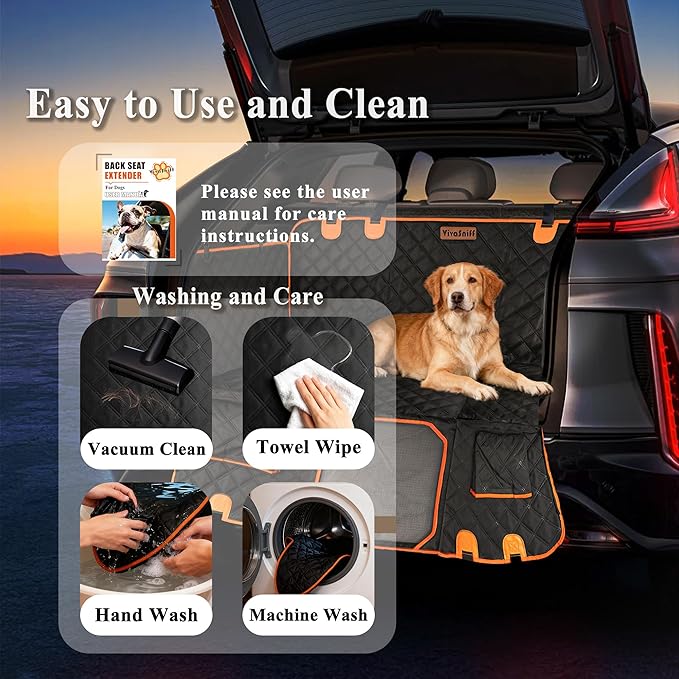 Dog Car Seat Cover for Back Seat,Hard Bottom Back Seat Extender for Dogs,Waterproof 600D Heavy Duty Car Seat Protector Dog Hammock for Car, SUV, Small Truck(Black & Orange)