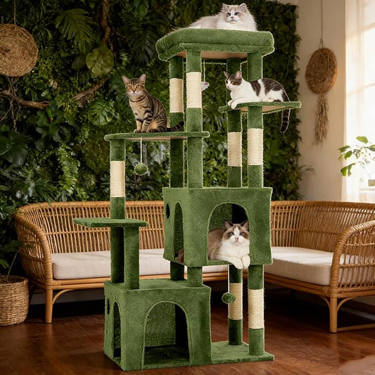 Cat Tree - 157cm Tall, Sisal Wrapped Scratching Post, Cat Nest, Hanging Ball, Extended Platform