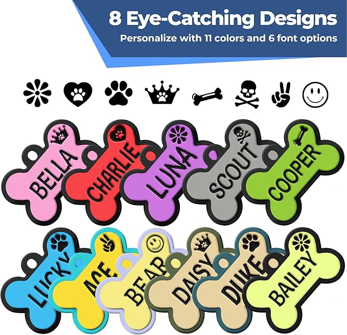 GoTags Silicone Dog Tags, Soundless Pet Tag, Personalized Silent Tag Engraved for Pets with Cute Custom Designs, for Dogs and Cats, (Bone, Herbal Bloom)