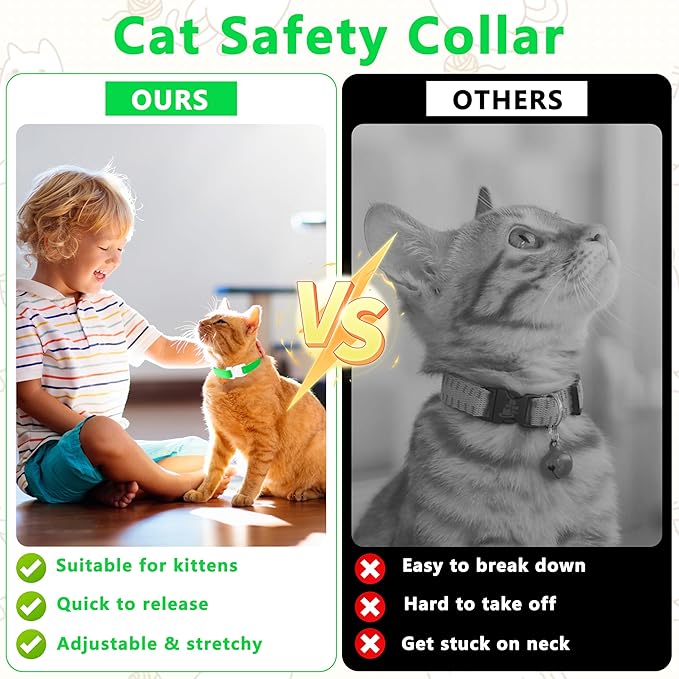 Elastic Cat Collar, Stretch Cat Collar Quick Release, Bright Colors Safety Kitten Collar Adjustable Collar for Kittens, Lightweight Soft Polyester Collars for Boy Girl Cats (Neon Green,L)