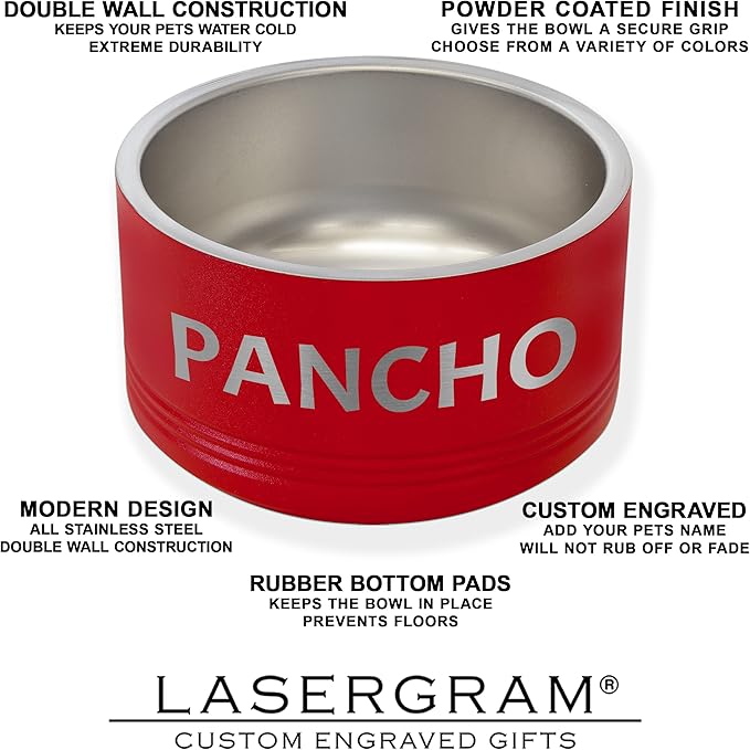 LaserGram Personalized Stainless Steel Dog Bowl, Double Wall Insulated, Non-Slip Design, Custom Name Engraving Included (Red, 18oz)