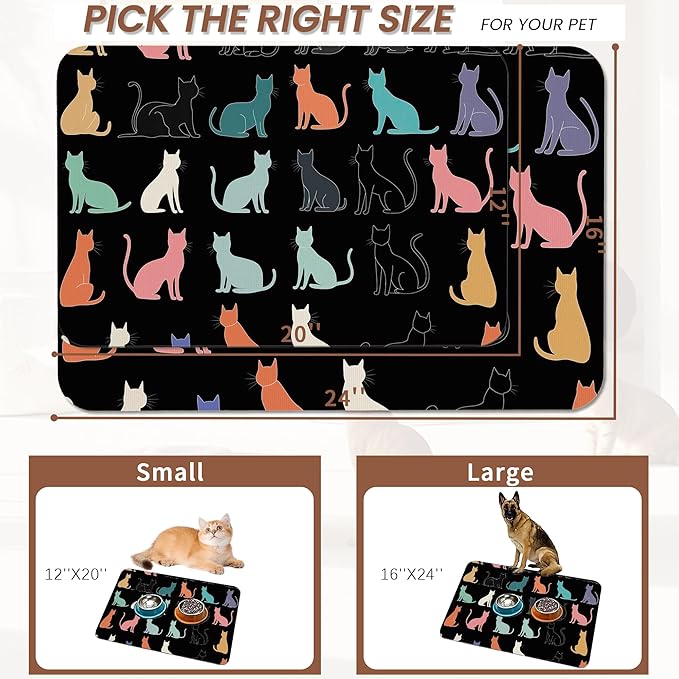 Cute Cat Dog Food Mat,Colorful Silhouette Absorbent Pet Feeding Mat with Rubber Backing,Non-Slip Water Bowl Placemat,Indoor Pet Accessories Supplies 16"x24"