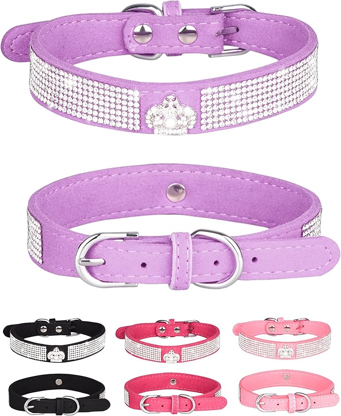 Dog Collar for Small Dogs, Adjustable Leather Suede Bling Dog Collars，Pink Dog Collar Cat Collar, Rhinestone Dog Collar (M, purple3)