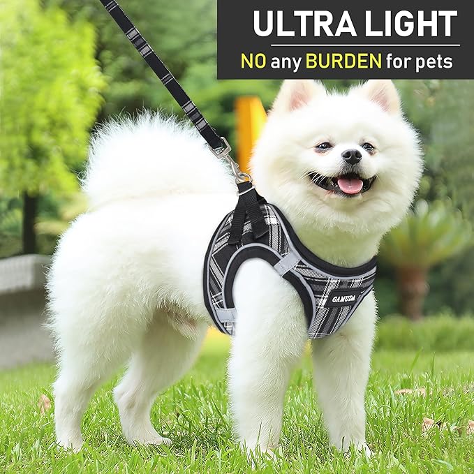 GAMUDA Small Dog Harness Collar and Leash Set, Step in No Chock No Pull Soft Mesh Adjustable Dog Vest Harnesses Plaid Reflective for Dogs Puppy Cats Kitten Rabbit (Black, XS)
