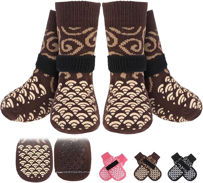 Anti Slip Dog Socks with Four Sides Grips for Hardwood Floors, Extra Traction Control No Twist - Dog Shoes Paw Protector for Hot Pavement to Prevent Licking Paws for Small Medium Large Dogs, M