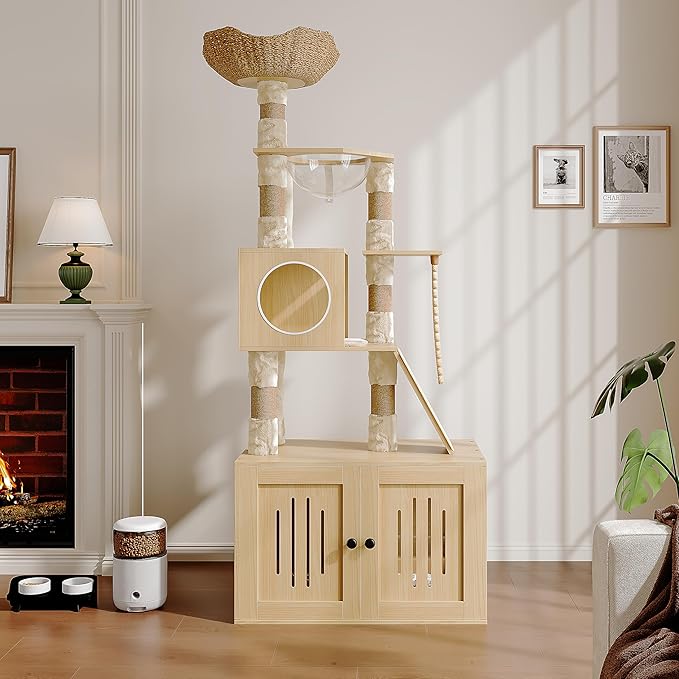 Cat Tree, 66.9-Inch Cat Tower with Litter Box Enclosure, Large Condo with Food Station, Storage, Scratching Posts, Hammock, Washable Cushions