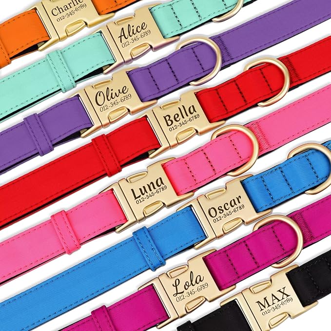 PET ARTIST Colorful Personalized Dog Collars, Custom Dog Collar with Silent Engraved ID Tag, Lightweight Breathable Nylon & Soft Padded, Matching Leash & Poop Bag for Large Dogs,Rose,L Fit 15-23"