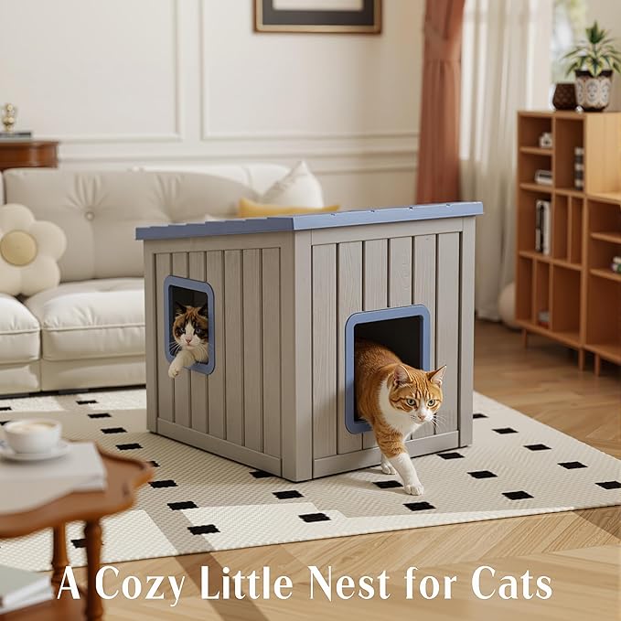 Cat House Outdoor Waterproof,Resin Cat Shelter Feral,Easy to Clean Durable Slanted Top,Cat Bed for Cats and Easy to Assemble (Blue, 24.65 * 21.5 * 22.21in)