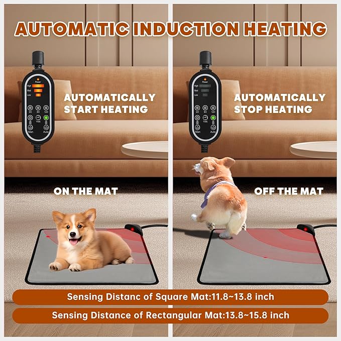 Pet Heating Pad for Cats & Dogs,Safe Electric Cat Warming Pad with Chew Resistant Cord,Automatic Induction Heated Cat Bed,Adjustable Temperature & Time (Light Grey, 17.7" x 17.7")