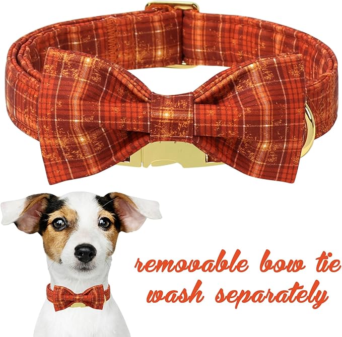 Unique style paws Cotton Dog Collar with Bow Autumn Puppy Collar with Halloween Orange Brown Grid for Small Medium Large Boys Girls Dogs