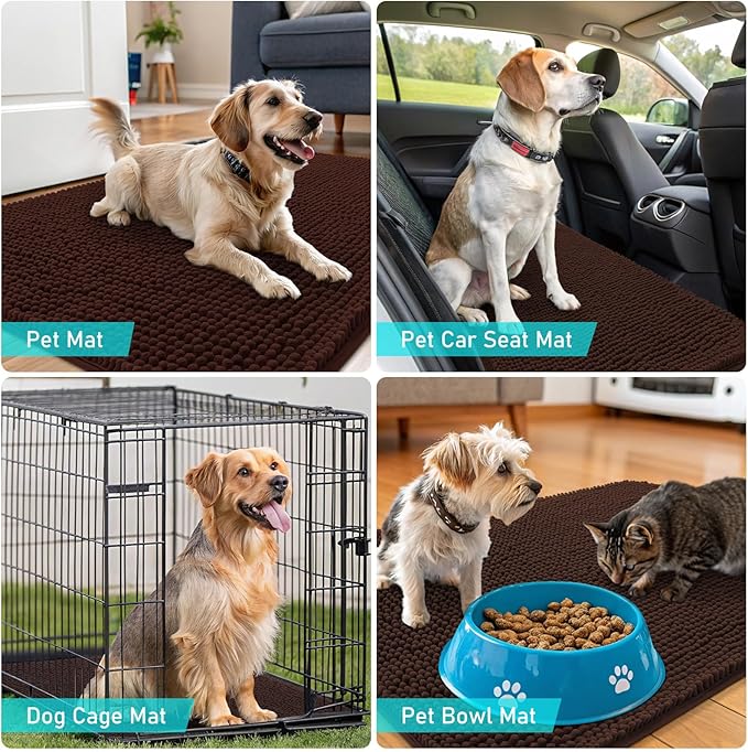 OLANLY Dog Door Mat for Muddy Paws 47x17, Absorbs Moisture and Dirt, Absorbent Non-Slip Washable Doormat, Quick Dry Chenille Mud Mat for Dogs, Entry Indoor Entryway Carpet for Inside Floor, Brown