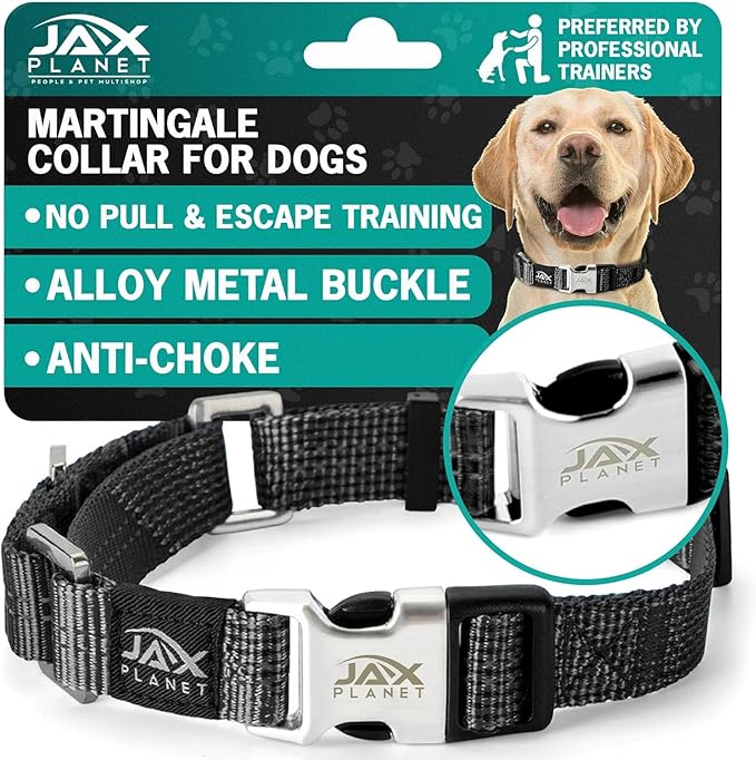 Black Martingale Collar for Dogs - Heavy Duty Nylon Pet Collars for Escape-Free, No Pull Training & Walking with Alloy Metal Release Buckle & Reflective D Ring, One Time Adjustment, Safe & Secure, XL