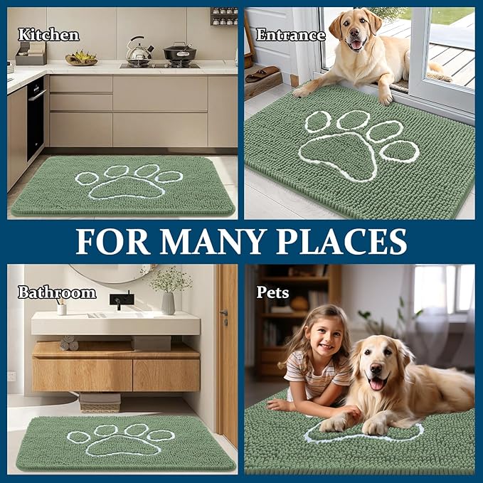 OLANLY Dog Door Mat for Muddy Paws 48x30, Paw Print Design, Absorbs Moisture and Dirt, Non-Slip Washable Doormat, Quick Dry Chenille Mud Mat, Entry Indoor Entryway Carpet, Olive Green and White