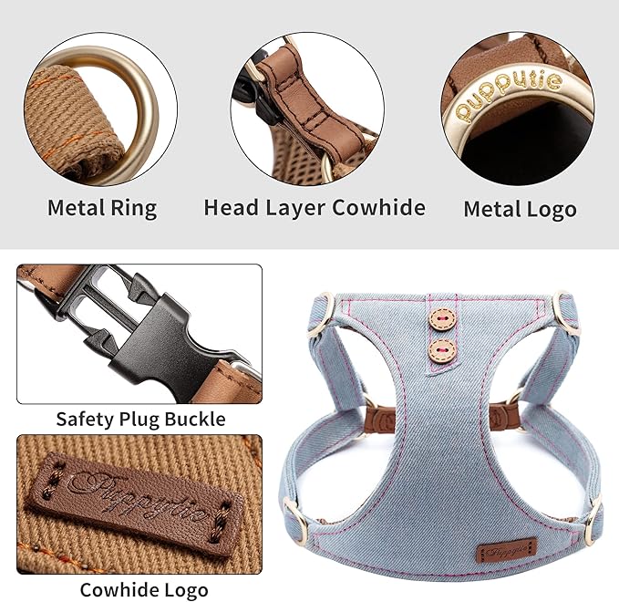 Dog Harness, No Pull Dogs Harness and Multi-Function Leash Set for Medium Dogs Easy Walk Everyday Adjustable Soft Dog Vest Harness Fashionable Dog Accessories Grey Blue-Button-L