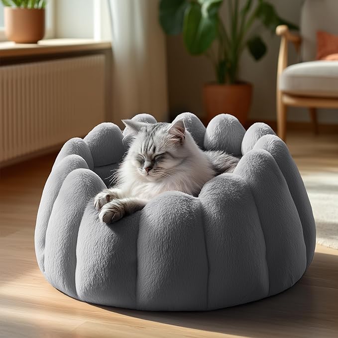 PETNOVO Pumpkin Calming Cat Bed,Plush Donut Cuddler with High Bolster,Ultra Soft Bunny Plush,Oeko‑TEX,Non-Slip Pet Nest,for Indoor Cats up to 13 lbs & Small Dogs,20Lx20Wx12H Inch,Grey
