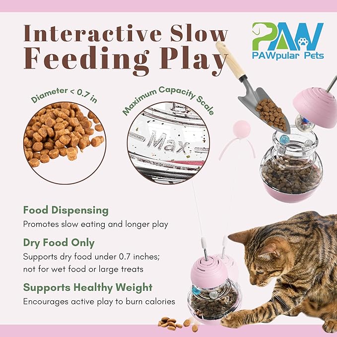 PAWpular Pets Interactive Cat Toy for Bored Indoor Cats, Tumbler Design with Teaser Wand, Cat Food Dispenser & Treat Puzzle Toy, Kitten Enrichment Toys for Mental Stimulation & Slower Eating (Pink)