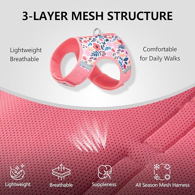 Dog Harness for Small Sized Dog,Hook-and-Loop Easy On/Off, Reflective Adjustable Soft Mesh Vest for Puppy (Pink Floral Print,L)