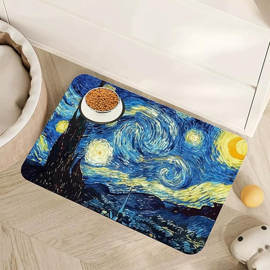 Starry Night Dog Cat Food Mat,Absorbent Pet Feeding Mat for Food and Water,Non-Slip Dog Bowl Mats Floor Protector 12"x20"