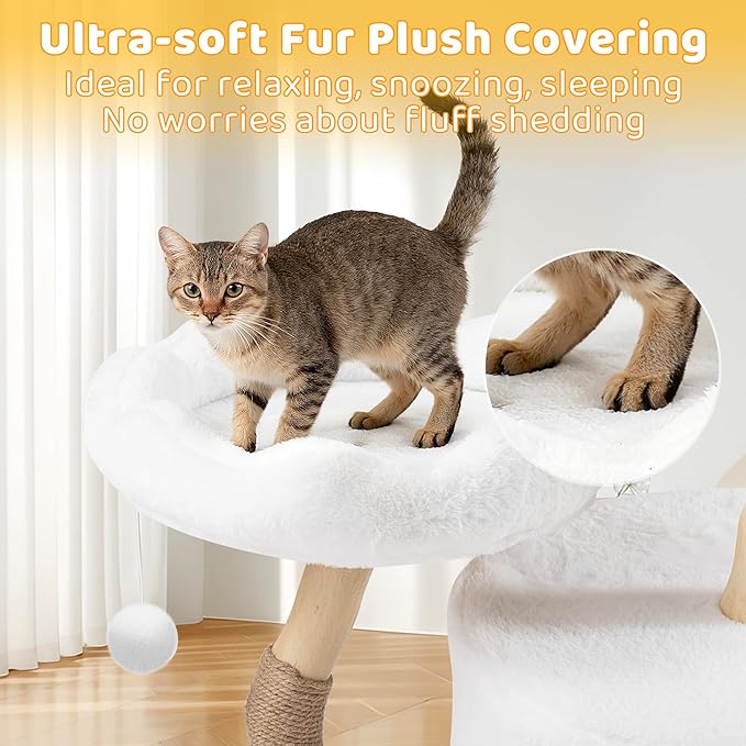 COSIEST 42.5" Tall Modern Cat Tree Tower for Indoor Cats, Cat Scratching Posts with Hand Woven Baskets, Balls & MGO Trunks, Rattan Cat Tree with Condo, Cat Furniture for Multi-Cat Households, White