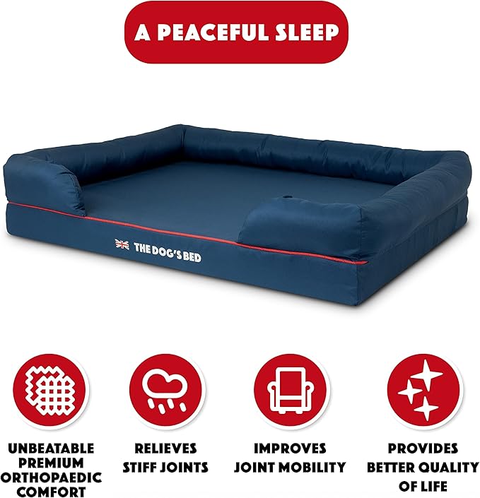 The Dog’s Bed Orthopedic Dog Bed XL Blue Oxford with Red Trim UK Flag Dog Bed, Memory Foam, Pain Relief: Arthritis, Post Surgery, Lameness, Waterproof Washable Cover, Veterinary Approved