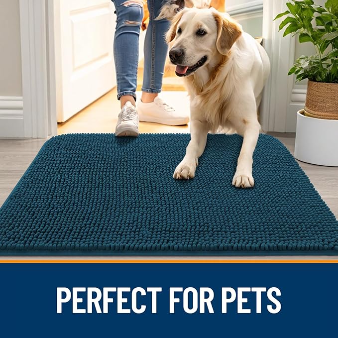OLANLY Dog Door Mat for Muddy Paws 70x35, Absorbs Moisture and Dirt, Absorbent Non-Slip Washable Doormat, Quick Dry Chenille Mud Mat, Entry Indoor Entryway Carpet for Inside Floor, Atlantic Blue