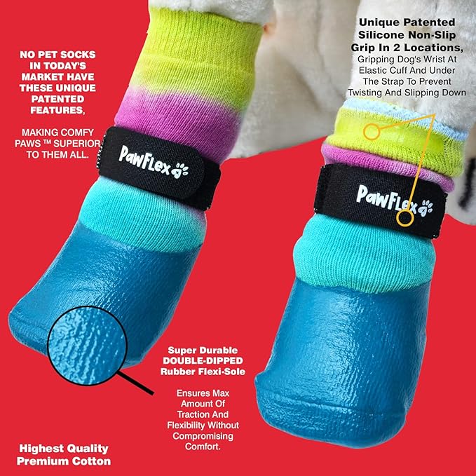 PawFlex Double Dipped Waterproof Dog Socks Comfy Pawz Soft Indoor/Outdoor Dog Booties with Rubberized Bottom| Non-Slip Silicone Grip at Inner Cuff for No Twisting or Sliding Off| Adjustable Strap
