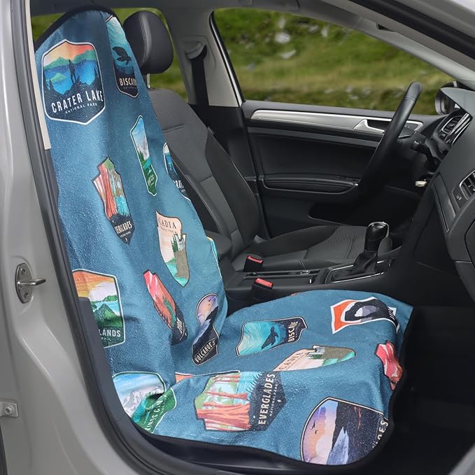 LoyaGour Car Seat Cover Protector Front Seats,for Gym Workout,Running,Swimming,Beach and Hiking,Waterproof Sweat Towel Bucket Seat Covers for Trucks SUV Jeep (National Parks, 2Pcs)