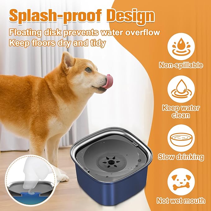 Decflow 3L Dog Water Bowl Stainless Steel Slow Drinking Dog Bowl with Lid, No Spill Water Bowl for Large Dogs Splash Proof Vehicle Carried Travel Pet Water Bowl Dispenser for Messy Drinkers, Deep Blue