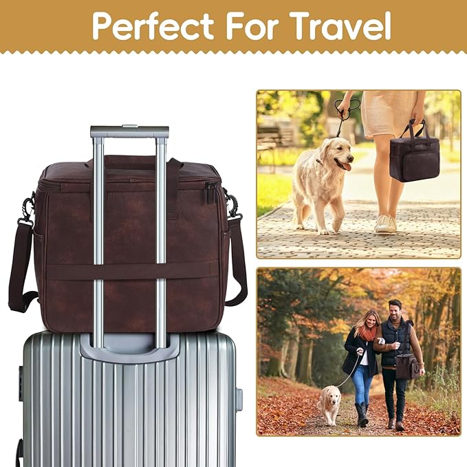 Dog Travel Bag, Leather Travel Pet Bag Set for Dog and Cat, Airline Approved Tote Organizer with Multi-Function Pockets, 2 Food Storage Containers, 2 Collapsible Bowls