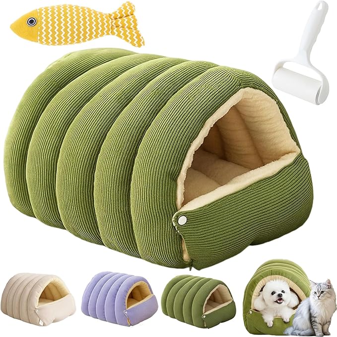 Removable and Washable Winter Closed-Off Cat Bed, Pet Indoor Cave for Cats, With Removable Cushion, Cozy Warming Fluffy Pet Bag for Small and Medium Dogs and Cats (Green L for 16.5lbs Cat & 11lbs Dog)