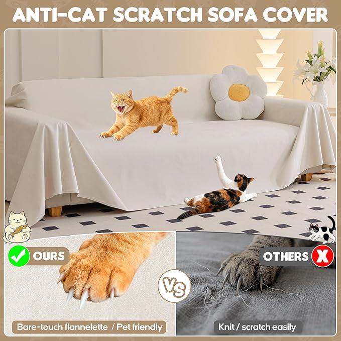Loiion Cat Scratch Furniture Protector - Ultra Soft, Waterproof Sofa Cover to Keep Cats Off, Pet-Friendly Couch Protectors for Love Seat, Anti-Slip Couch Cover for Pets and Kids 118"X71" Beige