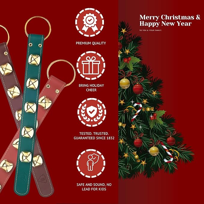 Bevin Bells Leather Sleigh Bell Strap | Five (1 ") Bells | Brown/Brass | Door Hanger | Dog Potty Training | Made of Steel | Christmas Holiday Decoration | Sturdy Hanging Loop | Made in CT, USA