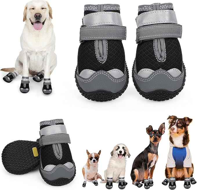 Dog Shoes for Hot Pavement,Dog Boots & Paw Protectors for Large Medium Size Dogs to Prevent Licking,Dog Booties with Reflective for Outdoor,Hiking,Hardwood Floors,Winter Snow(Black Grey,Size6)