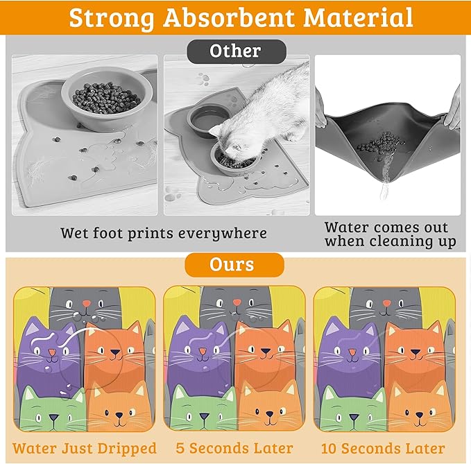 Cute Colorful Cats Dog Food Mat,Absorbent Pet Feeding Mat for Food and Water Bowl,Quick Dry Dog Placemat Non Slip Rubber Backing Waterproof Pet Supplies 16" x 24"