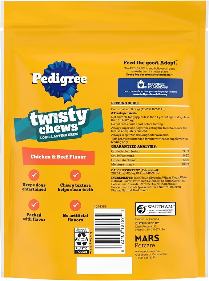 Pedigree Twisty Chews Small Long-Lasting Dog Treats Chicken & Beef Flavor, 9.17 oz. Pouch (10 Count, Pack of 5)