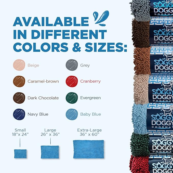 Soggy Doggy Doormat Plain Solid Color Design - Ultra Absorbent Microfiber Chenille Wet Dog Mat for Muddy Paws - Non-Slip and Machine Washable (Blue, Extra-Large 36” x 60”)