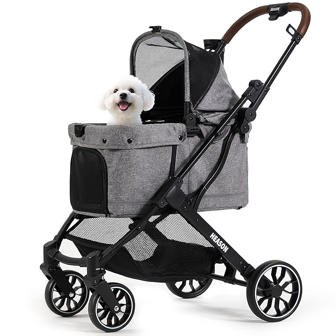 Dog Stroller with Waterproof Rain Cover, Heavy-Duty All-Terrain 4-Wheel Pet Stroller with Adjustable Sunshade Canopy, Foldable Travel Dog Strollers for Small/Medium Dogs Up to 121 lbs
