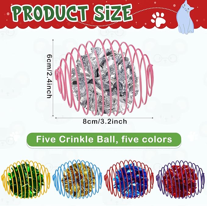 Jecery 5 Pcs Cat Spring Balls Toys Stretchable Rolling Balls Colorful Playful Coils Interactive Action Toy Caged Rats for Kitten Pet Supplies (Crinkle Ball,Multicolor)