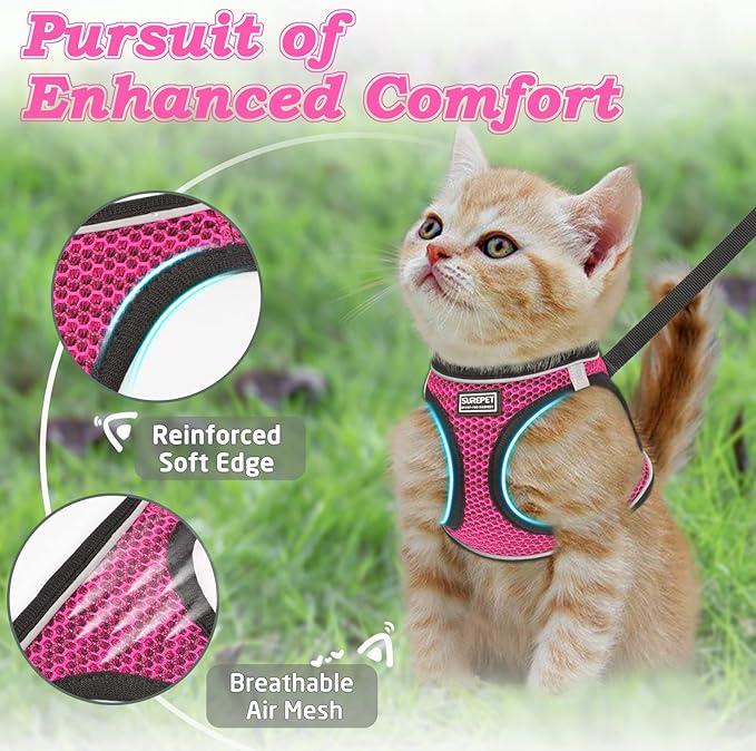Cat Harness and Leash for Walking Escape Proof, Adjustable Kitten Vest Harness Reflective Soft Mesh Puppy Harness for Outdoor, Comfort Fit, Easy to Control (Pink, L)