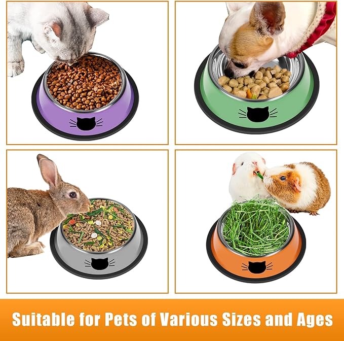 3 Pcs Non-Slip Stainless Steel Small Cat Food Bowls - Unbreakable, Thicken 7 Oz Cat Dishes - Indoor, Removable Rubber Base, Easily Clean, Lovely Color
