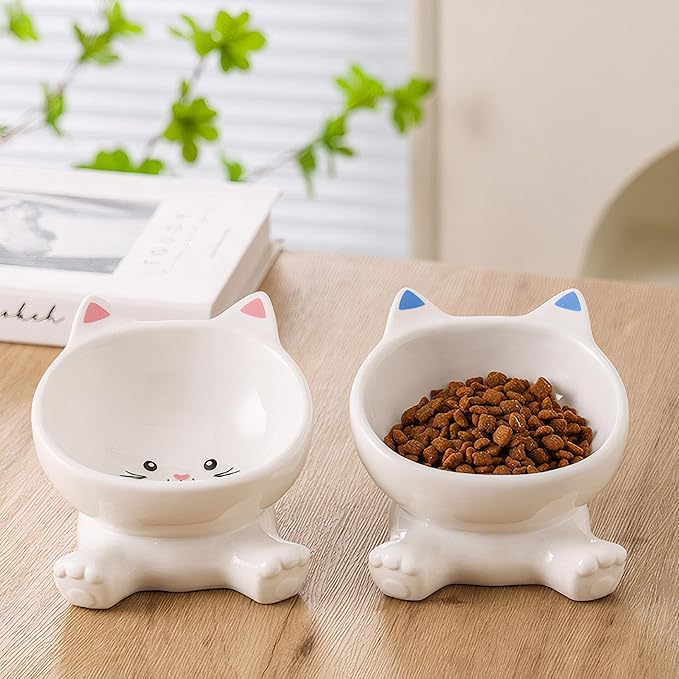 Cat Bowl, Elevated Cat Bowls, 4.9 Inch Cute Kitten Food Bowls for Anti-Vomiting and Whisker Friendly, 3D Raised Ceramic Cats Bowl for Food and Water with 4.5 OZ Capacity, Protects Pet's Spine, 1 Piece