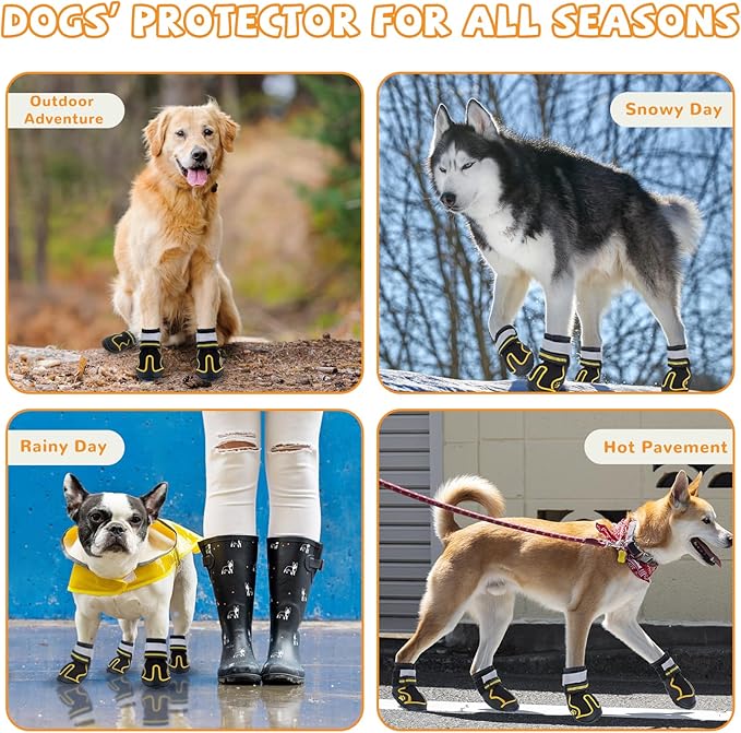Dog Shoes for Hot Pavement,Dog Boots & Paw Protectors for Large Medium Size Dogs to Prevent Licking,Dog Booties with Reflective for Outdoor,Hiking,Hardwood Floors,Winter Snow(Black Yellow, Size8)