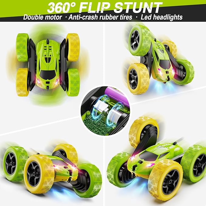 QUNREDA Remote Control Car, RC Car Toys for 6-12 Year Old Boys, Off Road RC Stunt Car 4WD 360° Rotating Remote Control Car for Kids, Boys Girls Gifts for Birthday, Christmas Yellow&Green