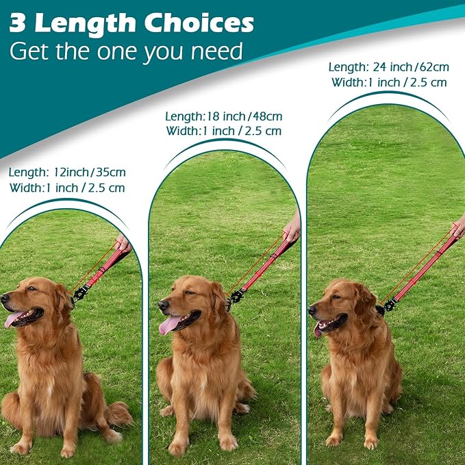 PetBonus Heavy Duty Short Dog Leash, 12 Inch Nylon Traffic Leash with Quick Release Clip, Comfortable Padded Handle, Reflective Training Lead for Medium Large Dogs (Red, 12")