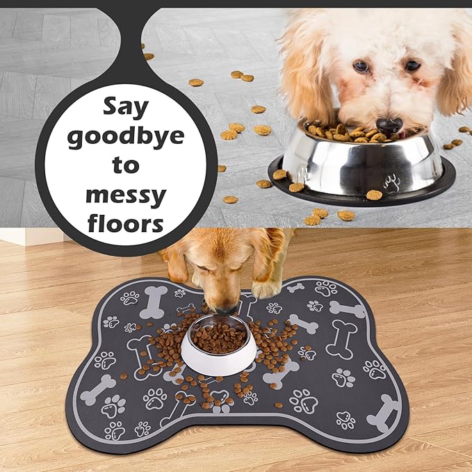 Voanos Dog Cat Food Mat,Rapid AbsorbentPet Feeding Mat, Bone Shaped Dog Placemat Water Bowl Mat with Rubber Backing,No Stains Dog Cat Food Mats Indoor, Pet Accessories Supplies 17""×29"" Dark Grey