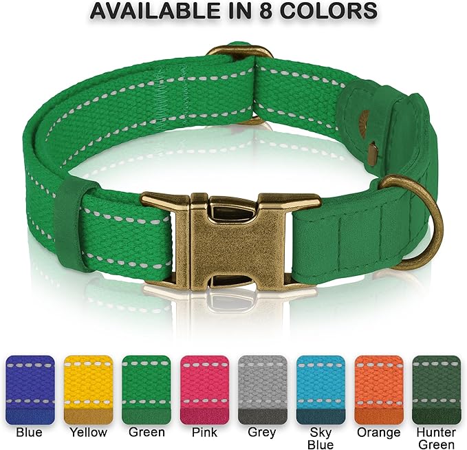 Reflective Leather Dog Collar with AirTag Holder - Soft Apple Airtag Dog Collar with Metal Buckle - Safety Cotton Pet Collars for Dogs Small Large Dogs Puppy (Green, XS, 9"-12")
