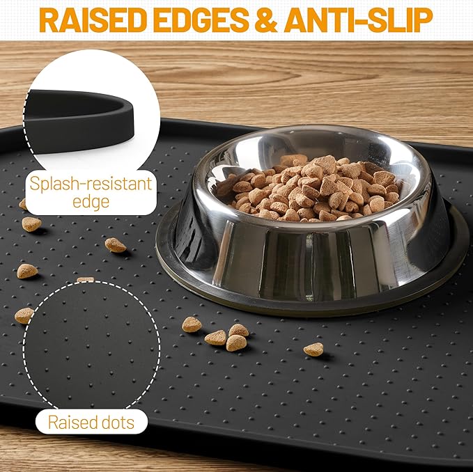 Hubulk 100% Waterproof Silicone Pet Feeding Mat with Raised Edge for Food and Water, Dog Bowl Mats, Cat Bowls Placemat with High Lip Protects Floor for Cats and Dogs (Black, 32" L x 24" W)